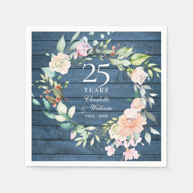 25th Silver Wedding Anniversary Floral Blue Rustic Napkins (Front)