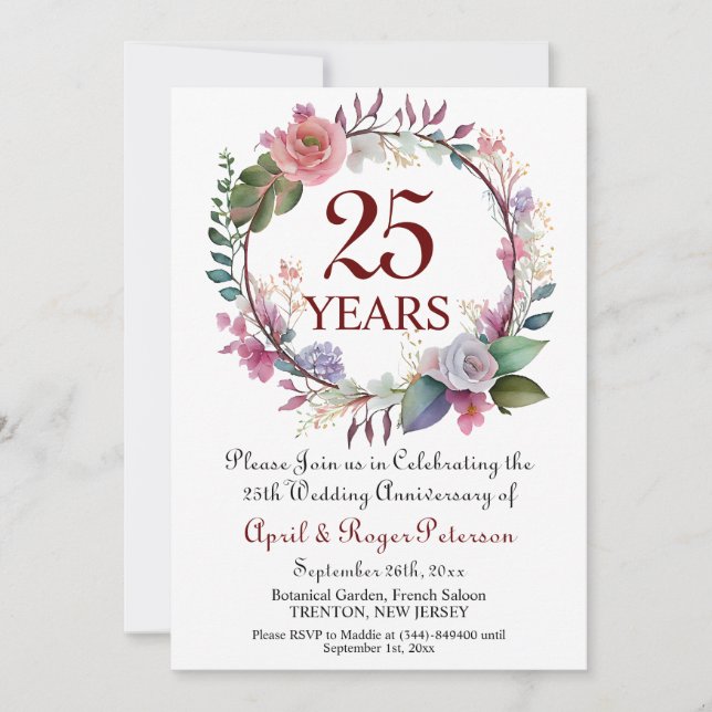 25th Silver Wedding Anniversary Floral Invitation (Front)