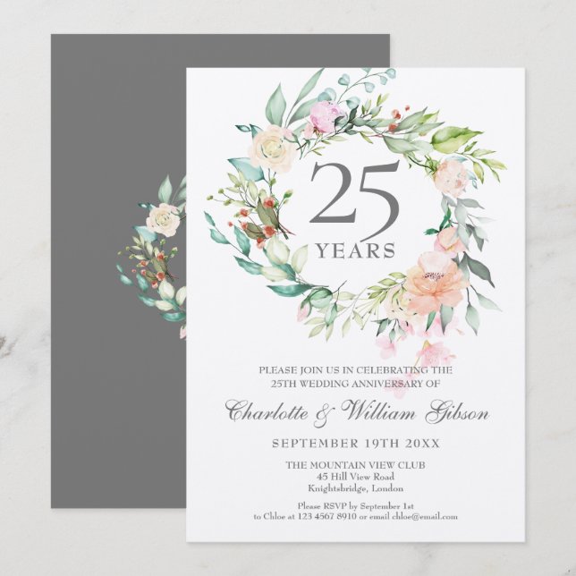 25th Silver Wedding Anniversary Floral Invitation (Front/Back)