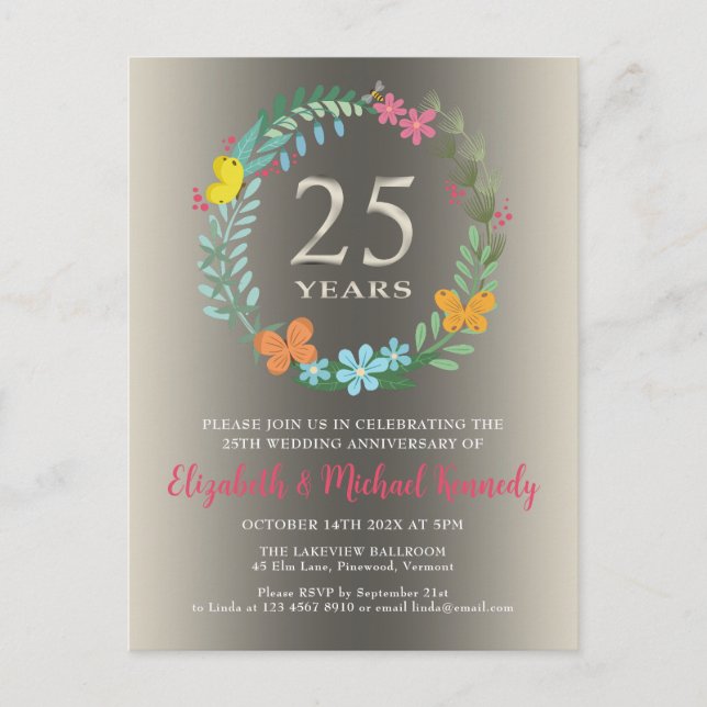 25th Silver Wedding Anniversary Floral Invitation Postcard (Front)