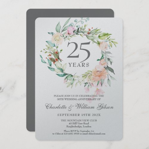 25th Silver Wedding Anniversary Floral Metallic Invitation