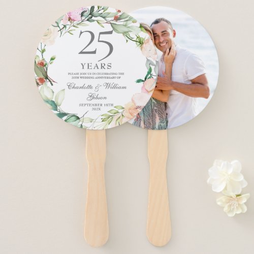 25th Silver Wedding Anniversary Floral Roses Photo Hand Fan