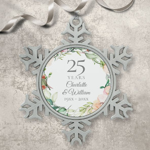 25th Silver Wedding Anniversary Floral Watercolor Snowflake Pewter Christmas Ornament