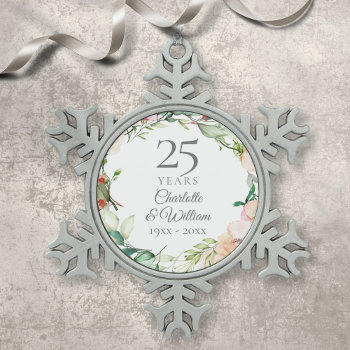 25th Silver Wedding Anniversary Floral Watercolor Snowflake Pewter Christmas Ornament by thisisnotmedesigns at Zazzle