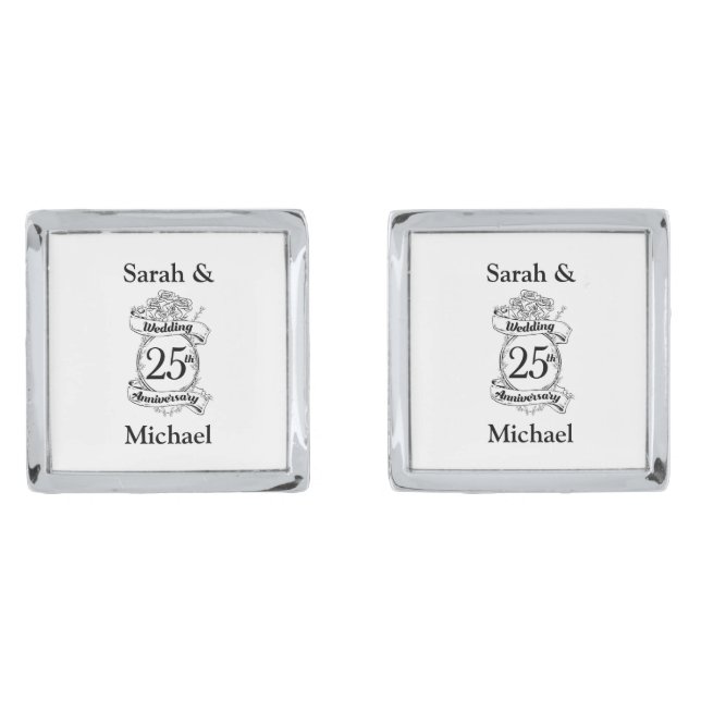 25th Silver Wedding Anniversary Flowers Rose Cufflinks (Front)
