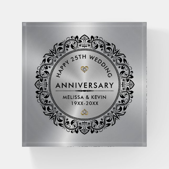 25th Silver Wedding Anniversary Gift Black Swirls  Paperweight (Front)