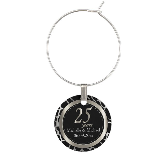 25th Silver Wedding Anniversary | Giraffe Pattern Wine Charm (Front)