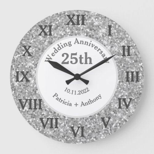 25th Silver Wedding Anniversary Glitter Glam  Large Clock