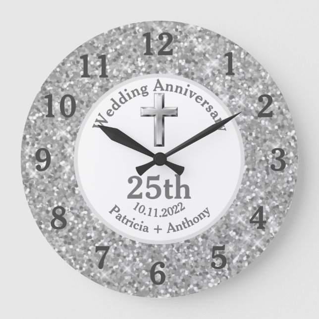 25th Silver Wedding Anniversary Glitter Religious  Large Clock (Front)