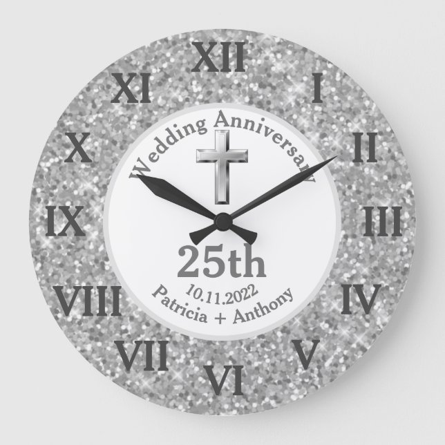 25th Silver Wedding Anniversary Glitter Religious  Large Clock (Front)