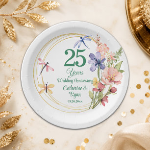 25th Silver Wedding Anniversary Gold Frame Floral Paper Plates