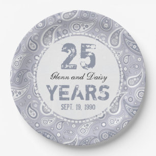 25th Silver Wedding Anniversary Gray Paisley Paper Plates