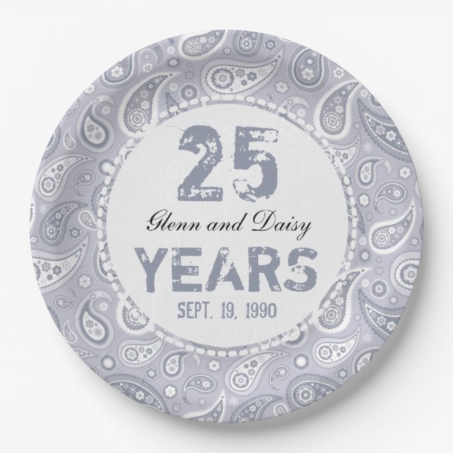 25th Silver Wedding Anniversary Gray Paisley Paper Plates (Front)