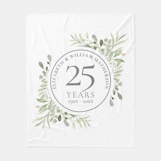25th Silver Wedding Anniversary Greenery Fleece Blanket (Front)