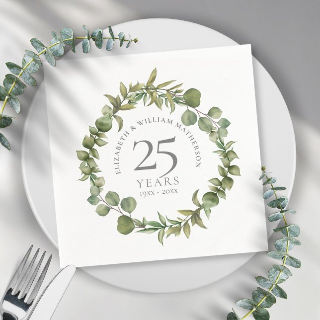 25th Silver Wedding Anniversary Greenery Floral Napkins (Creator Uploaded)