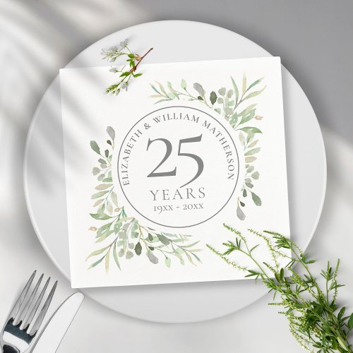 25th Silver Wedding Anniversary Greenery  Napkins