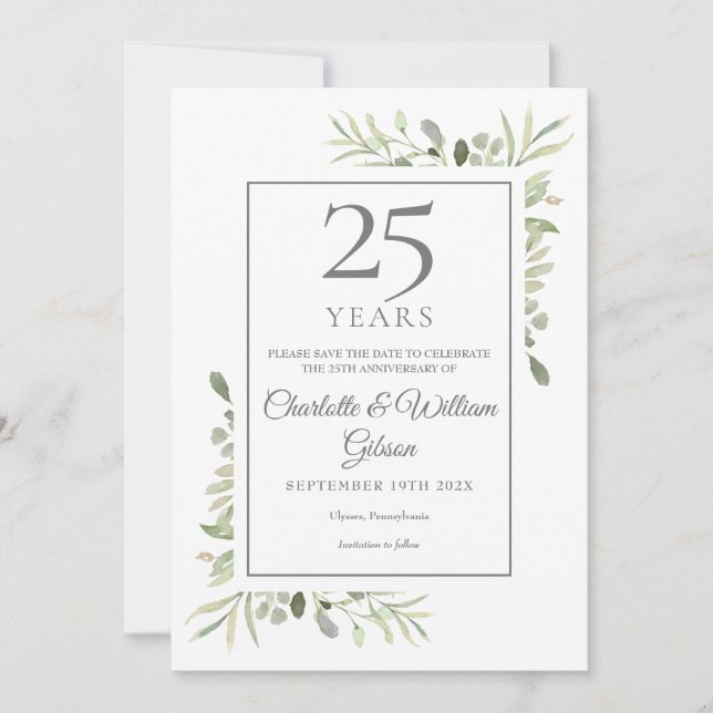 25th Silver Wedding Anniversary Greenery  Save The Date (Front)