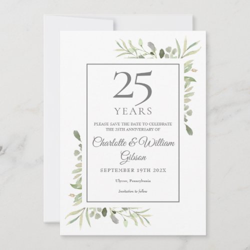 25th Silver Wedding Anniversary Greenery  Save The Date