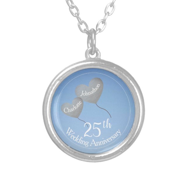 25th silver wedding anniversary heart balloons silver plated necklace (Front)