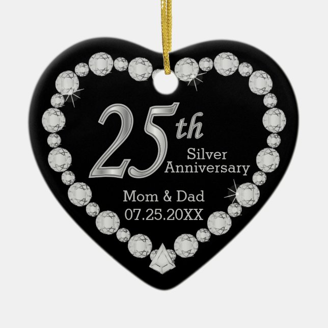 25th Silver Wedding Anniversary Heart Ceramic Ornament (Front)