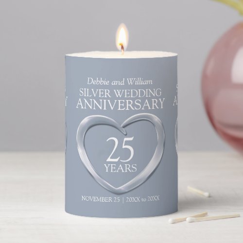 25th Silver wedding anniversary heart custom Pillar Candle