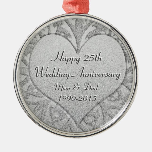 25th Silver Wedding Anniversary Heart Metal Ornament (Front)