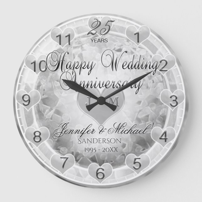 25th Silver Wedding Anniversary Hearts Large Clock (Front)