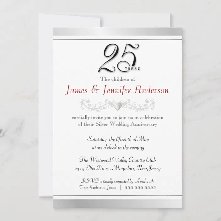 Personalised Silver Wedding 25th Anniversary Invitations SWA 017 Pack of 32