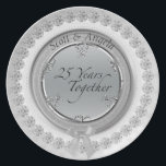 25th Silver Wedding Anniversary Keepsake 25 Years Plate<br><div class="desc">Modern silver wedding anniversary commemorative plate- Silver metallic look decorative plate reads '25 Years Together' in black script letters centered and framed by a circle of elegant silver metallic leaf vines and scrolls. Outer edge is gray with couple's names in curved lettering at the top in black script. Background is...</div>
