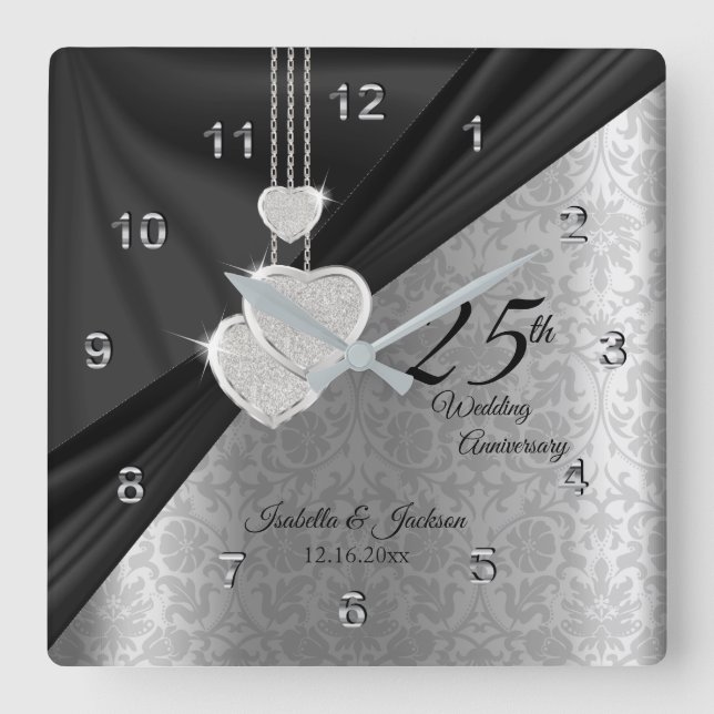 25th Silver Wedding Anniversary Keepsake Square Wall Clock (Front)
