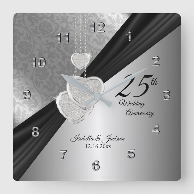 25th Silver Wedding Anniversary Keepsake Square Wall Clock (Front)