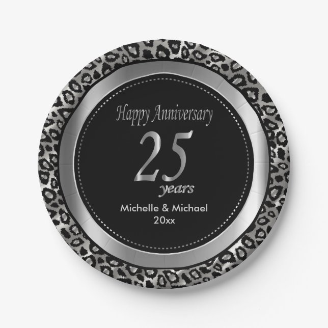 25th Silver Wedding Anniversary | Leopard Pattern Paper Plates (Front)