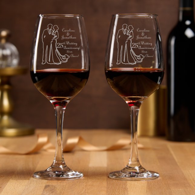 25th Silver Wedding Anniversary Line Art Couple Wine Glass (Party)