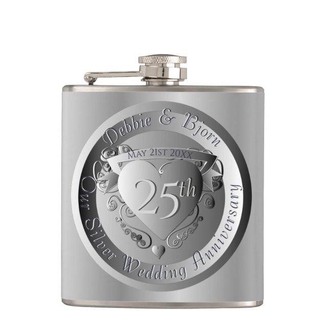 25th Silver Wedding Anniversary Medallion Flask (Front)