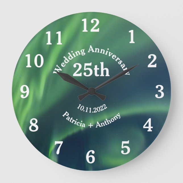 25th Silver Wedding Anniversary Northern Lights La Large Clock (Front)