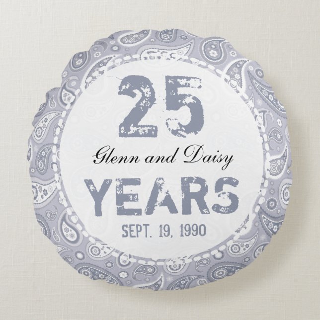 25th Silver Wedding Anniversary Paisley Pattern Round Pillow (Front)