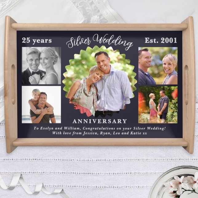 25th Silver Wedding Anniversary Photo Collage Serving Tray (A Silver Wedding 25th Anniversary serving tray, with custom photo collage, year and message)