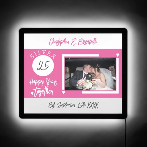 25th Silver wedding anniversary photo pink grey LED Sign