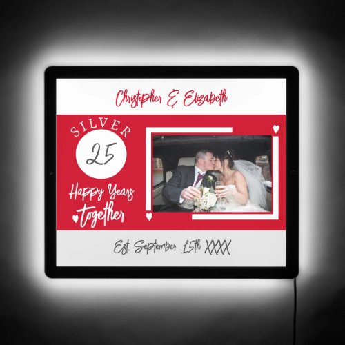 25th Silver wedding anniversary photo red grey LED Sign