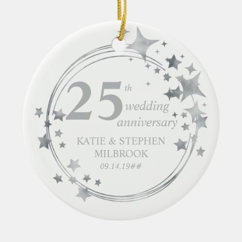 25th Silver Wedding Anniversary Photo Silver Stars Ceramic Ornament