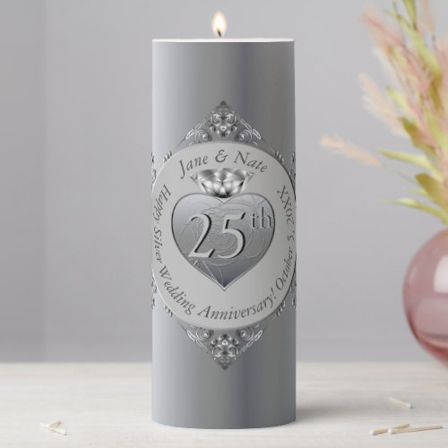 25th Silver Wedding Anniversary Pillar Candle