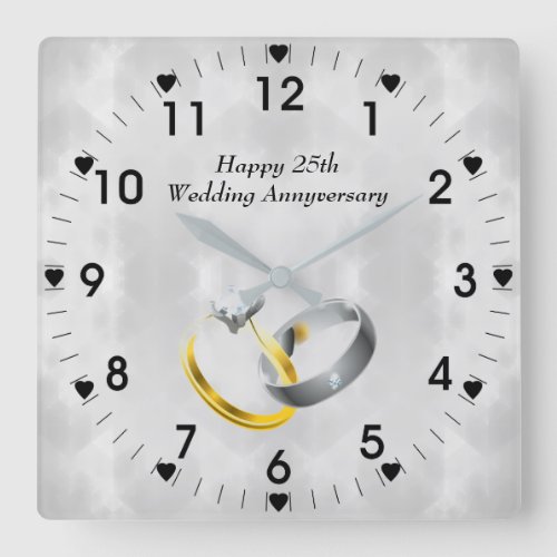25th Silver Wedding Anniversary Rings Square Wall Clock