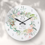 25th Silver Wedding Anniversary Roses Floral Large Clock<br><div class="desc">Featuring a delicate watercolor floral garland,  this chic botanical 25th wedding anniversary clock can be personalised with your special silver anniversary details set in elegant typography. Designed by Thisisnotme©</div>