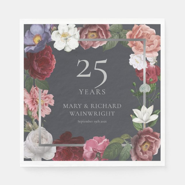 25th Silver Wedding Anniversary Roses Floral Napkins (Front)