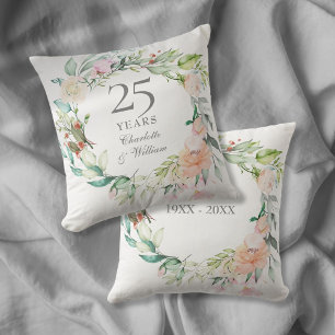 25th Silver Wedding Anniversary Roses Floral Throw Pillow