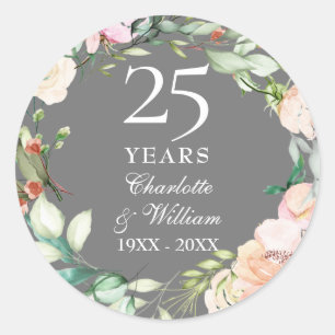 25th Silver Wedding Anniversary Roses Garland Classic Round Sticker