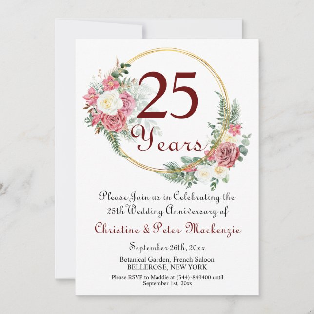 25th Silver Wedding Anniversary Roses Gold Frame Invitation (Front)