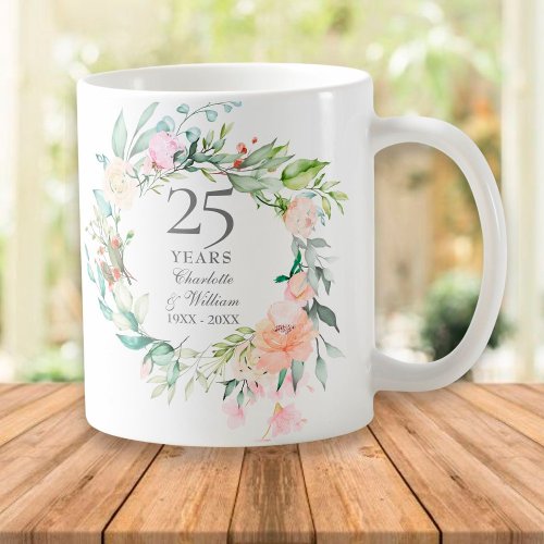 25th Silver Wedding Anniversary Roses Greenery Coffee Mug