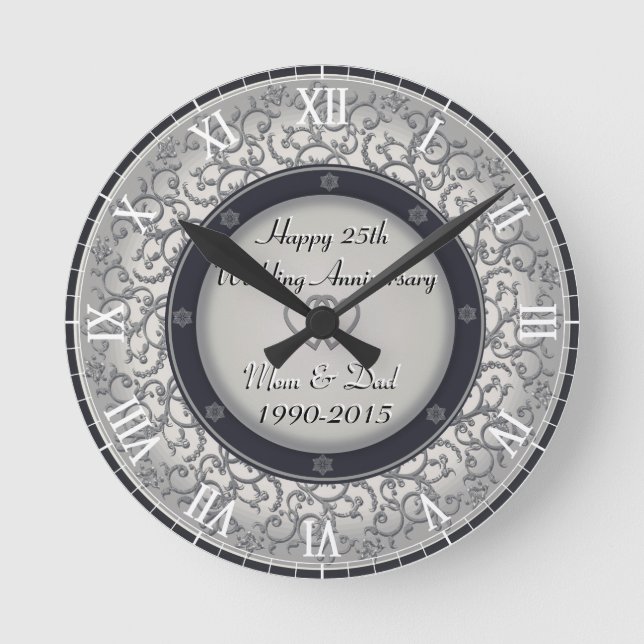 25th Silver Wedding Anniversary Round Clock (Front)