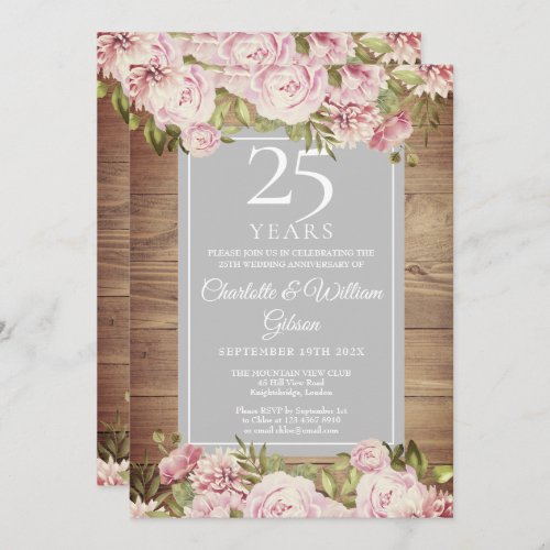 25th Silver Wedding Anniversary Rustic Roses Invitation